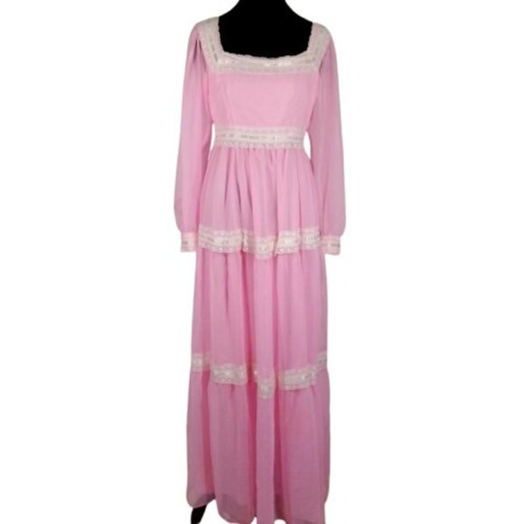 Vtg 70s Prairie Dress Sz L Chiffon Lace Baby Pink Peasant Tiered Cottagecore - Picture 1 of 15